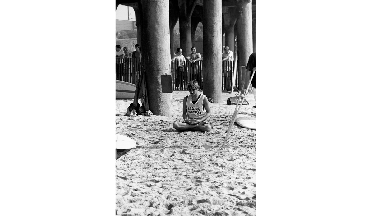 Gerry Lopez yoga meditation before his heat at the 1969 Huntington Beach contest. Image: <a href=\"http://www.artbrewer.com/\" target=\"_blank\">Brewer</a>