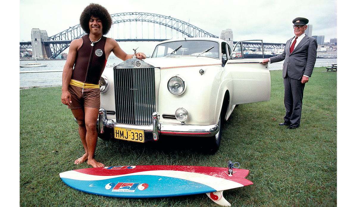 Larry Bertlemann by the Sydney Bay Bridge Australia 1978 for Rip Curl. Image: <a href=\"http://www.artbrewer.com/\" target=\"_blank\">Brewer</a>