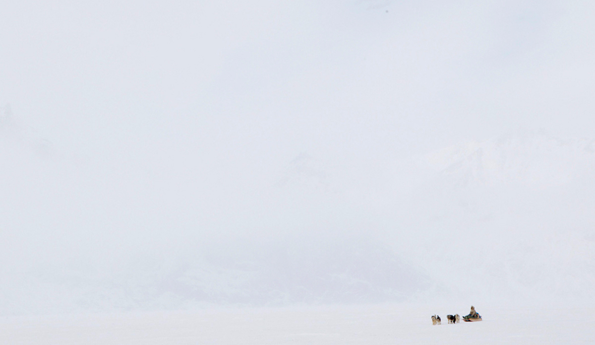 During a white out, a Baffin local herds his dog sled through Sam Ford Fjord, Baffin Island. Photo: <a href=\"https://instagram.com/krystlejwright/\">Krystle Wright</a>