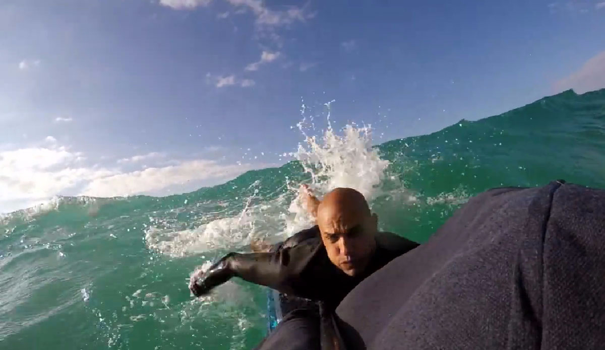 Kelly Slater, a full grown man and 11 time world champion, paddled out with a bean bag chair. If we could all take ourselves so seriously!