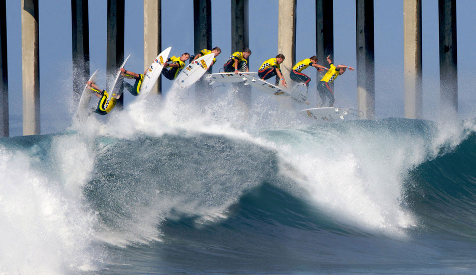 Sequence of Pat Gudauskas launching a rodeo at Huntington Beach during the US Open of Surfing. Photo: <a href=\"http://driftwoodfoto.com/\">Ben Ginsberg</a>