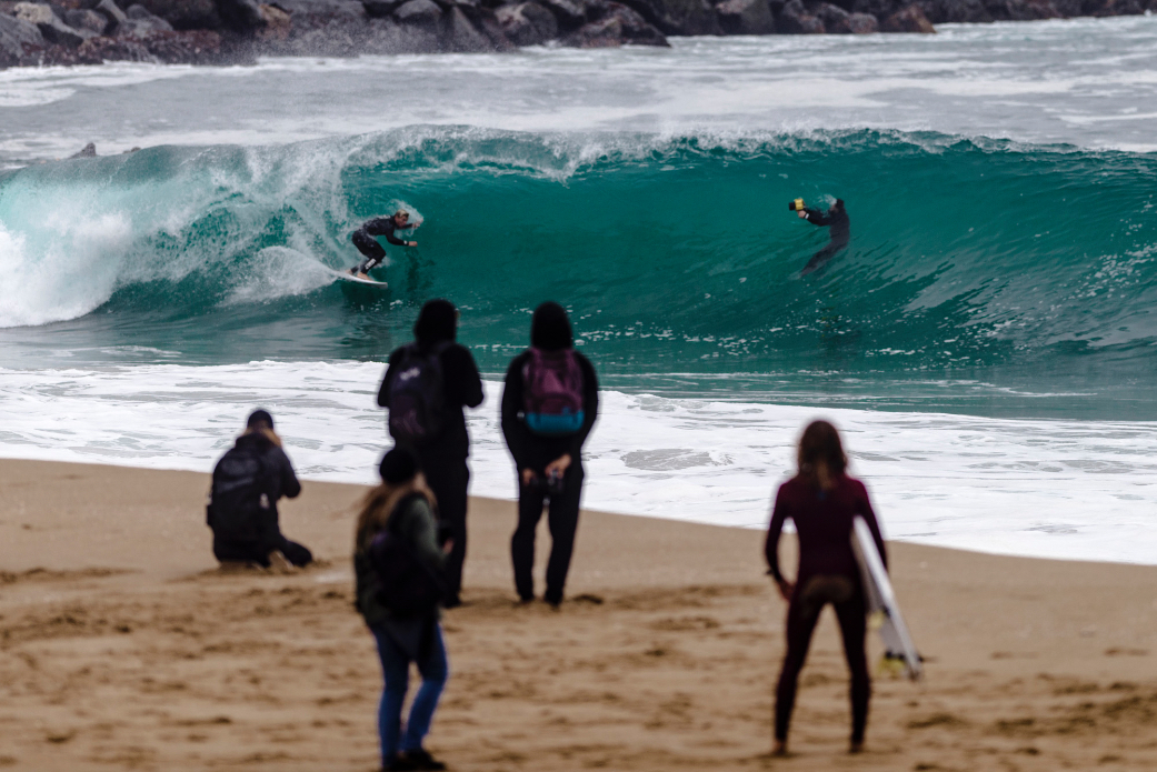 Pat Gudauskas charging down the line and trying to make the section on an inside drainer at the Wedge. Photo: Ben Ginsberg