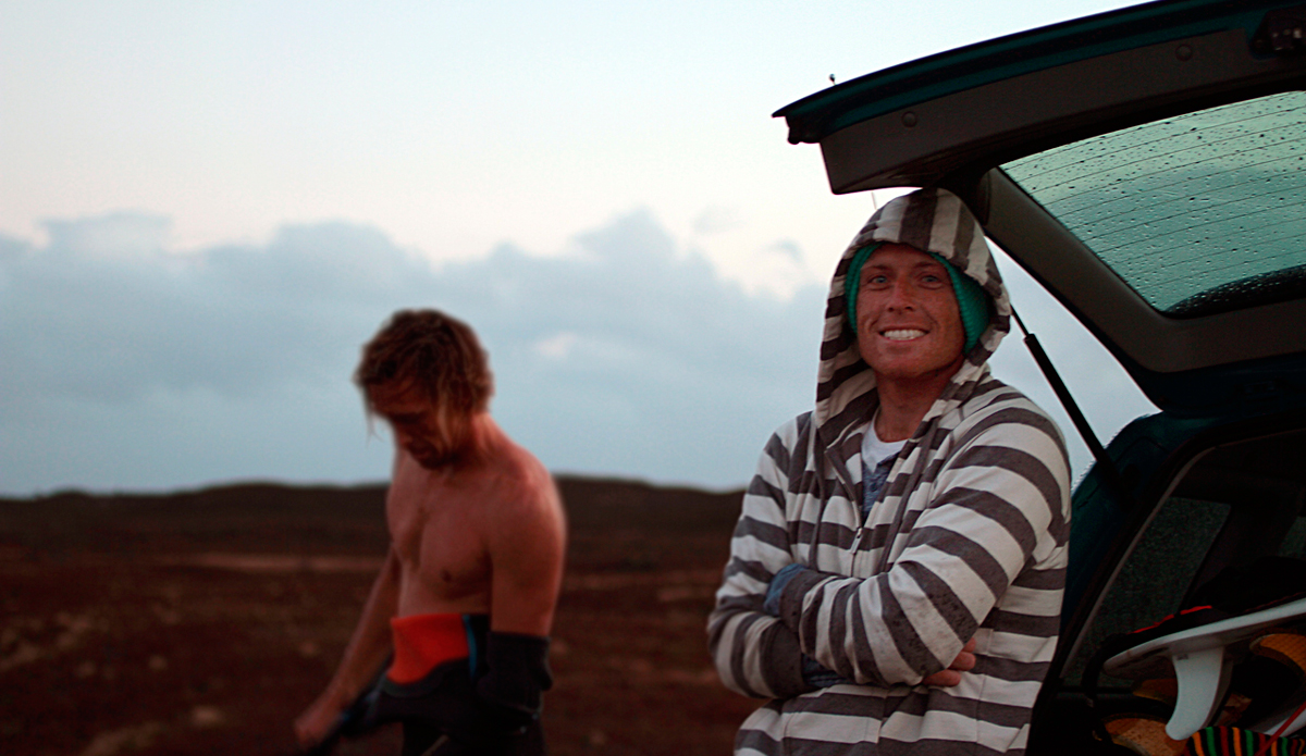 Adam all smiles after 5 hours of perfect empty beach break barrels. Photo: <a href=\"http://mattkleiner.4ormat.com/\">Matt Kleiner</a>