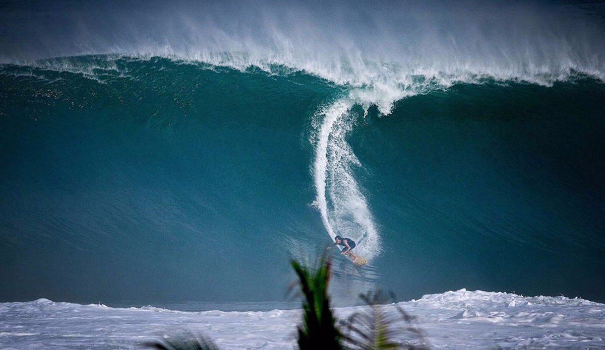 Greg Long on a wave that is almost unfathomable. Photo: <a href=\"https://www.facebook.com/nosponsor\" target=\"_blank\">No Sponsor</a>