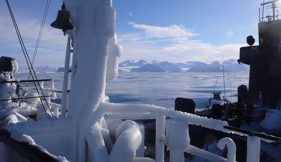 Ice on the the Steve Irwin in McMurdo Sound in Ros Sea, after an intense storm during a rescue mission.