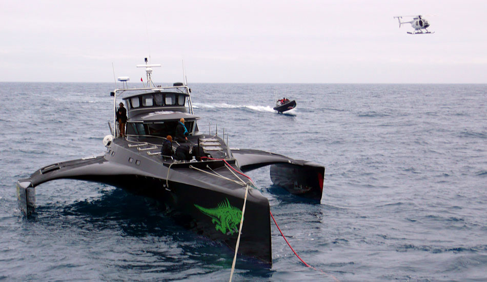 Gojira, Delta and helicopter off the stern of the Steve Irwin.