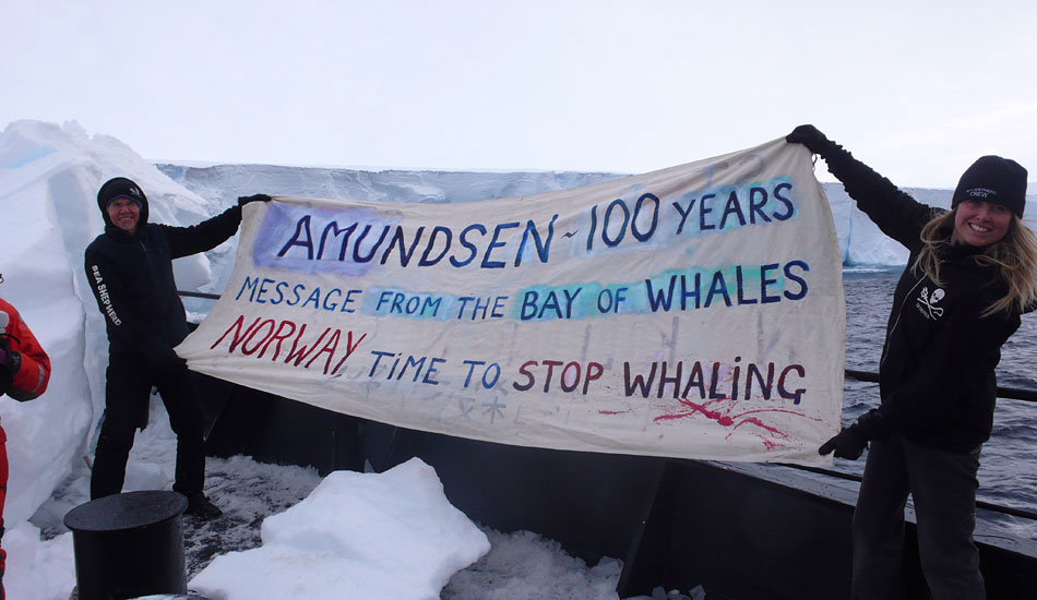 Howie Cooke and Georgie Dicks celebrate Amundsen\'s trek to the South Pole 100 years ago in the Bay of Whales.