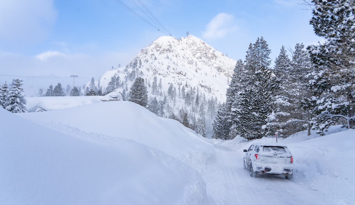 The Wednesday morning drive was beautiful, but treacherous with icy roads made narrow by the encroaching snowbanks. Photo: Palisades Tahoe//Blake Kessler