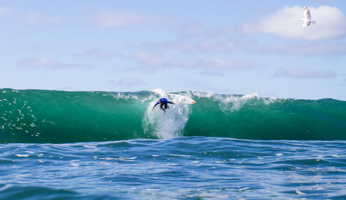 Ian Walsh hitting the eject button over an extremely shallow section. Photo: <a href=\"http://www.redbullcapefear.com/\"> Red Bull</a>