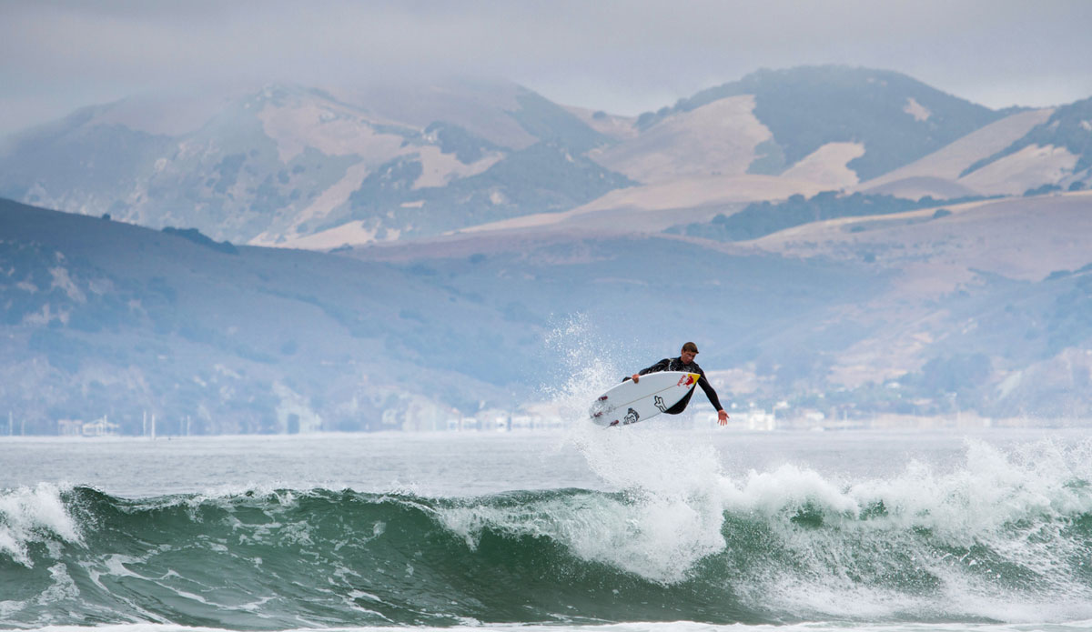 Ian Walsh taking flight on the west coast. Photo: <a href=\"http://www.colinnearman.com\">Colin Nearman</a>