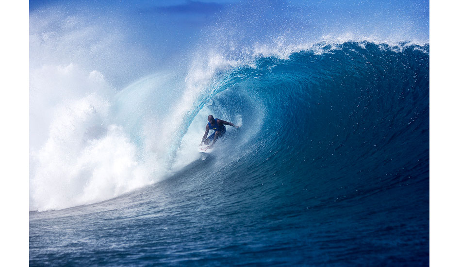 This was what made my entire trip – getting to watch Kelly get spit out of a kegging barrel at Cloudbreak from the safety of a Jet Ski. Photo: <a href=\"http://www.davenilsenphotography.com/\">Dave Nilsen</a>