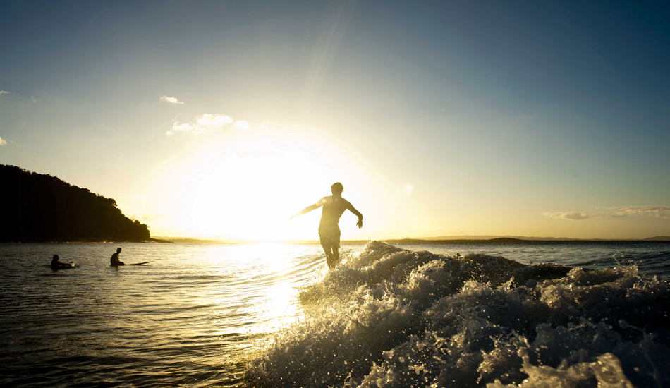 Luke Potter gliding into the sunset at Tea Tree Bay. Photo: <a href=\"http://www.jackdekortphoto.com/\">Jack Dekort</a>