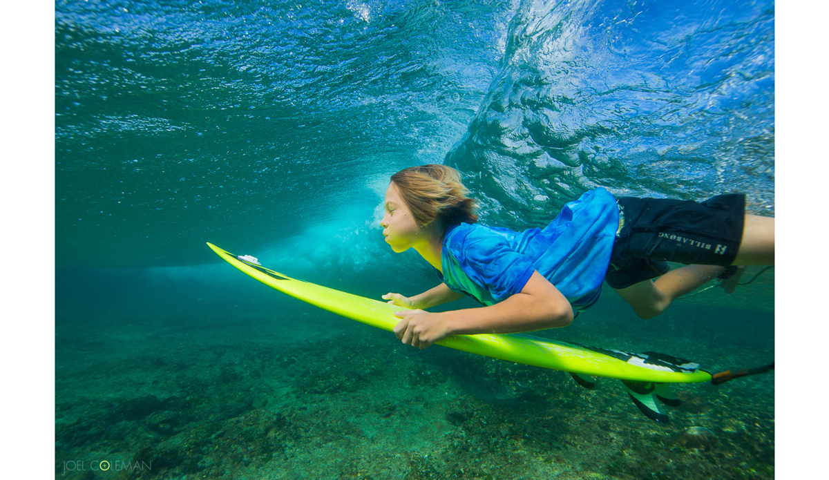 Hendrix duck diving in one of the clearest ocean I have ever surfed. Photo: Joel Coleman | <a href=\"Joel Coleman / www.saltmotion.com\">Saltmotion</a>