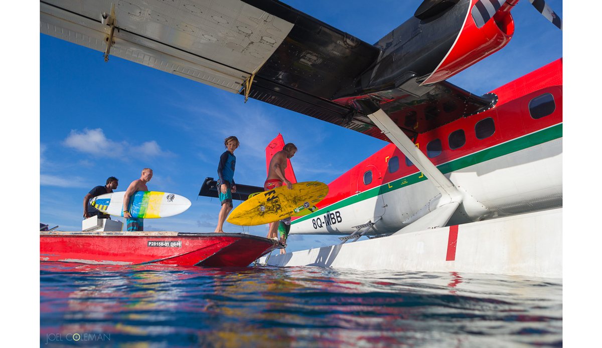 One of the highlights was to go surfing by seaplane, which took us about an hour away from Kandooma and landed next to an amazing right hander. Photo: Joel Coleman | <a href=\"Joel Coleman / www.saltmotion.com\">Saltmotion</a>