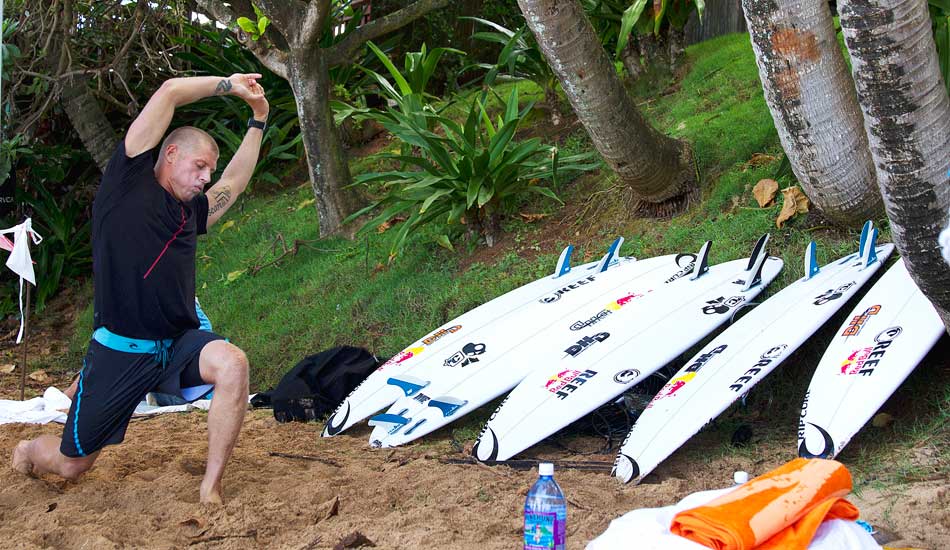 Pre-heat stretch to ready himself for his world title race. Photo: <a href=\"http://mattdunbar.com.au\">Matt Dunbar</a>