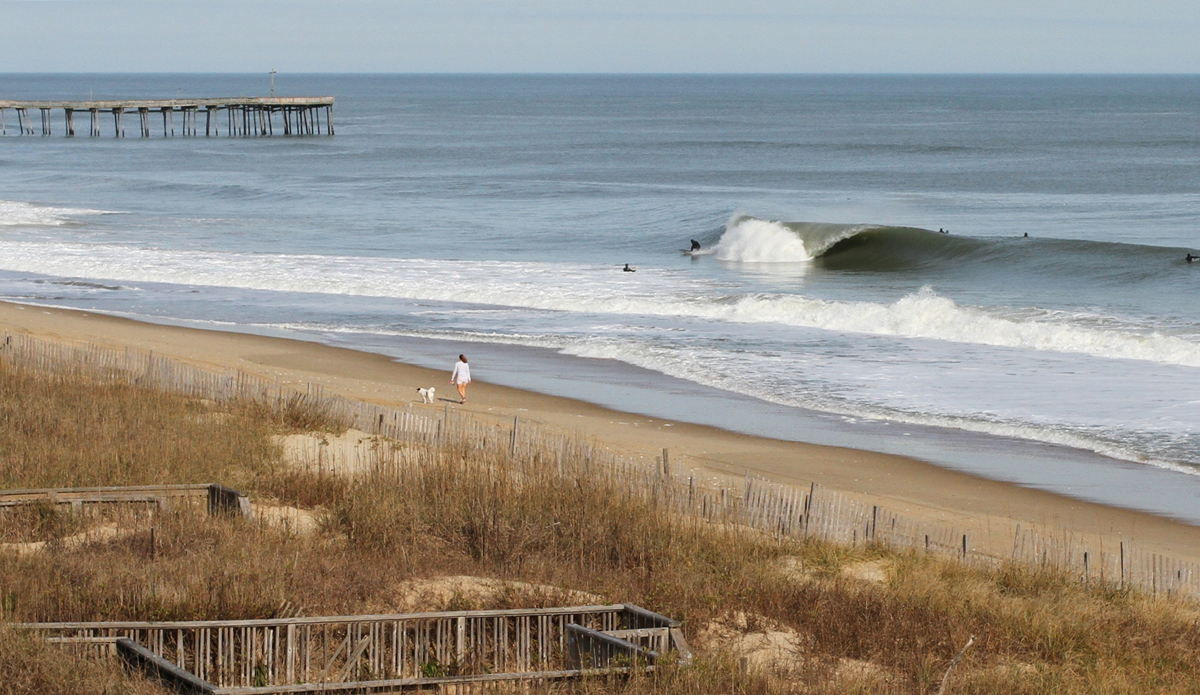 The swell produced by winter storm Jonas finely cleaned up with the west winds. I don\'t recognize this goofy foot, but he\'s where he wants to be. Photo: Mickey McCarthy