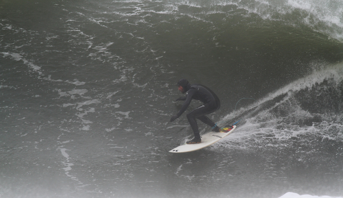 Michael Meredith. The only word for this day is brutal. 50-degree water, 32-degree air temp, and an NW wind at 30+mph. I don\'t know what the wind chill was, but I know I froze my ass off shooting. Here\'s Michael Meredith braving the elements for a little speed rush. Photo: Mickey McCarthy