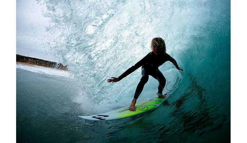 Local tadpole Billy Harrison. It’s great watching the grommets getting better and better every day. This is the first good tube we’ve teamed up in the water and I get the feeling there’s much more to come with him. Photo: <a href=\"http://edsloanephoto.com/\">Ed Sloane</a> 