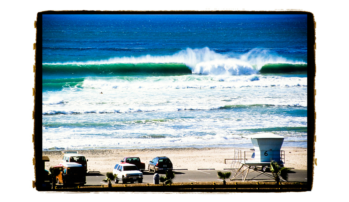 Cardiff Reef on a classic California winter day, with the Santa Ana winds. film capture 1990\'s. Image: <a href=\"http://www.kevinroche.com/\" target=\"_blank\">Roche</a>