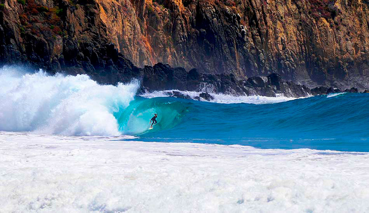 Surfer Bobby Okvist deep in this incredibly hollow, squared off barrel in California. Photo: <a href=\"http://driftwoodfoto.com/\">Ben Ginsberg</a>