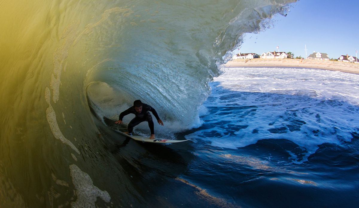 Sam Seeland navigating some backwash. This spot is usually packed, but with 90 of waves closing out on this morning, there were few who made it out for dawn patrol. Photo: <a href=\"http://www.davenilsenphotography.com\">DavidNilsenPhotography.com</a>