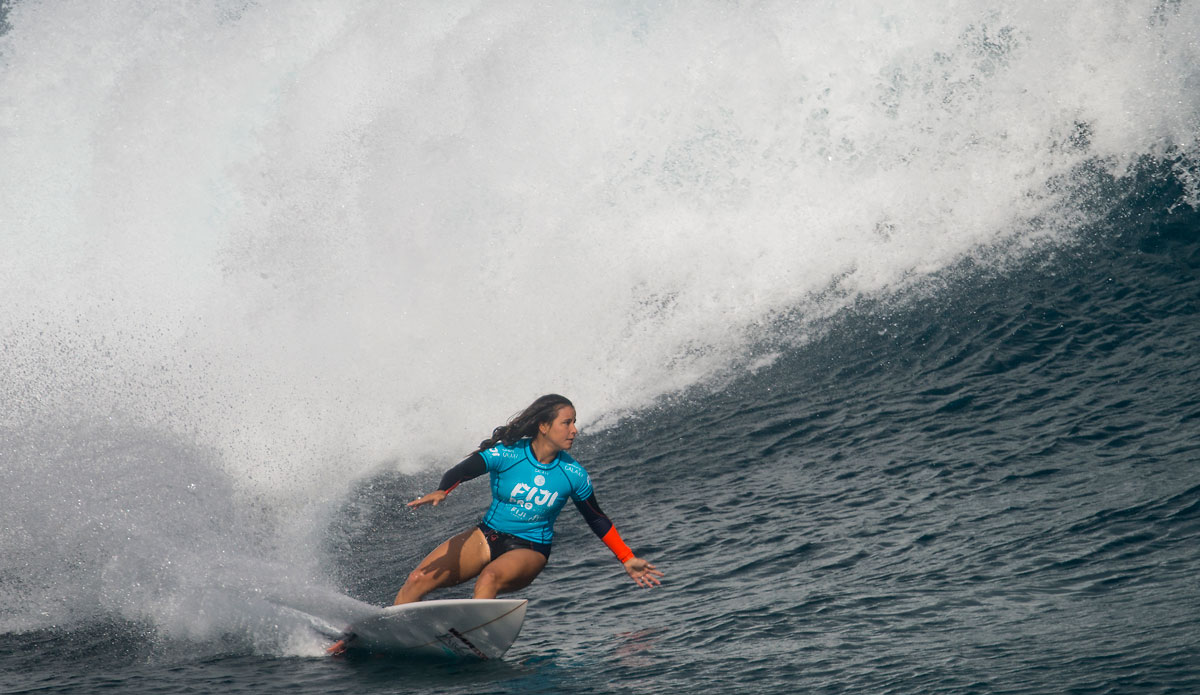 Joanne Defay (FRA) defeated Hawaii\'s Coco Ho in Round 2 at the Fiji Women\'s Pro 2014. Photo: <a href=\"http://www.aspworldtour.com/\"> ASP</a>