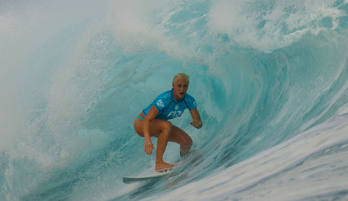 Tatiana Weston-Webb advanced through round 2 defeating Lakey Peteron (USA) at the Fiji Women\'s Pro 2014, Association of Surfing Professionals World Championship Tour stop number 5 on the 10 event 2014 Women\'s Tour. Photo: <a href=\"http://www.aspworldtour.com/\"> ASP</a>