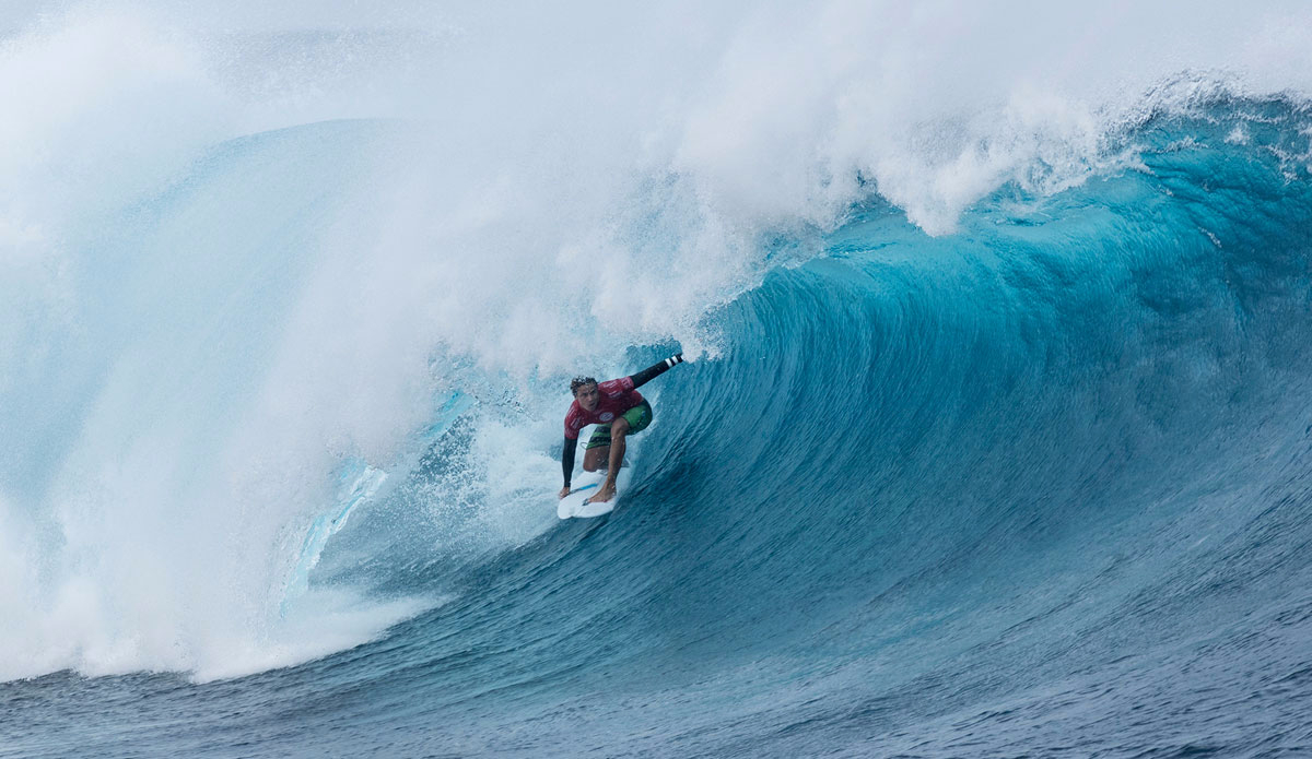 Julian Wilson of Coolum, Sunshine Coast, Australia (pictured) scores a 9.5 final ride (out of a possible ten) to take the win over C J Hobgood of the USA in Round 2 at the Fiji Pro, at Cloudbreak on Sunday June 14, 2015.  Photo: <a href=\"http://www.worldsurfleague.com/\">WSL/Robertson</a>