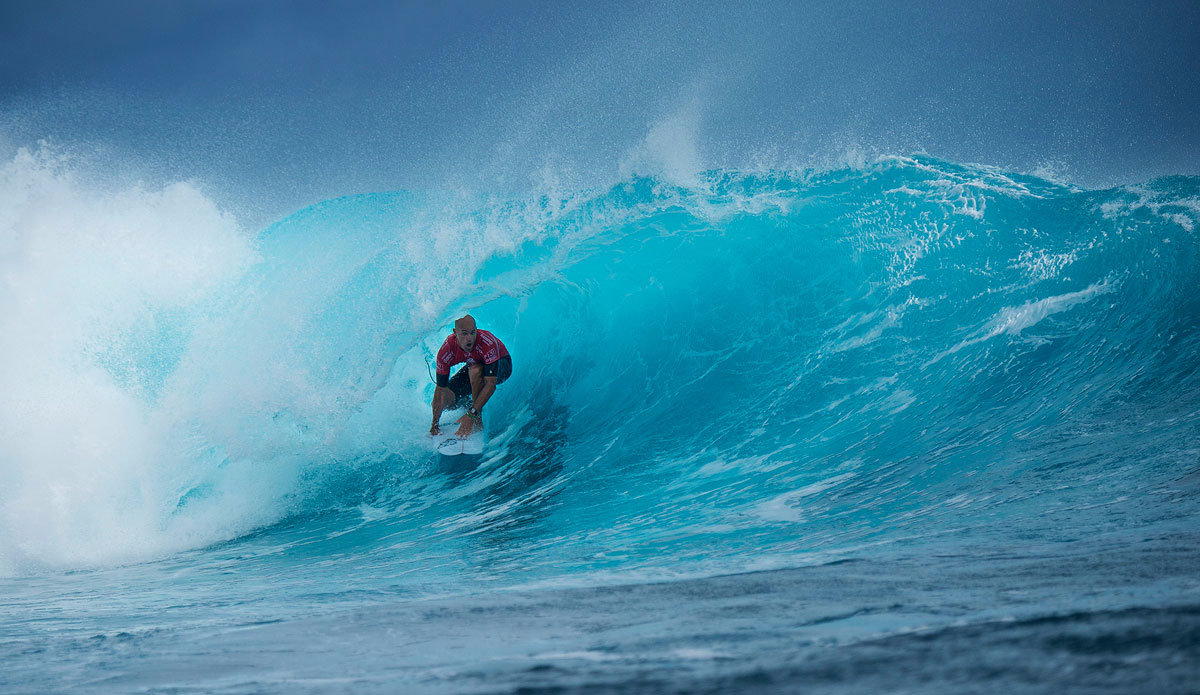 Kelly Slater of Florida, USA (pictured) winning his Round 3 heat at the Fiji Pro On Sunday June 14, 2015. Slater was in  unstoppable form, posting a near perfect 9.90 (out of ten) to advance into the next Round. Photo: <a href=\"http://www.worldsurfleague.com/\">WSL/<a href=\"https://instagram.com/kirstinscholtz/\">Kirstin Scholtz</a>