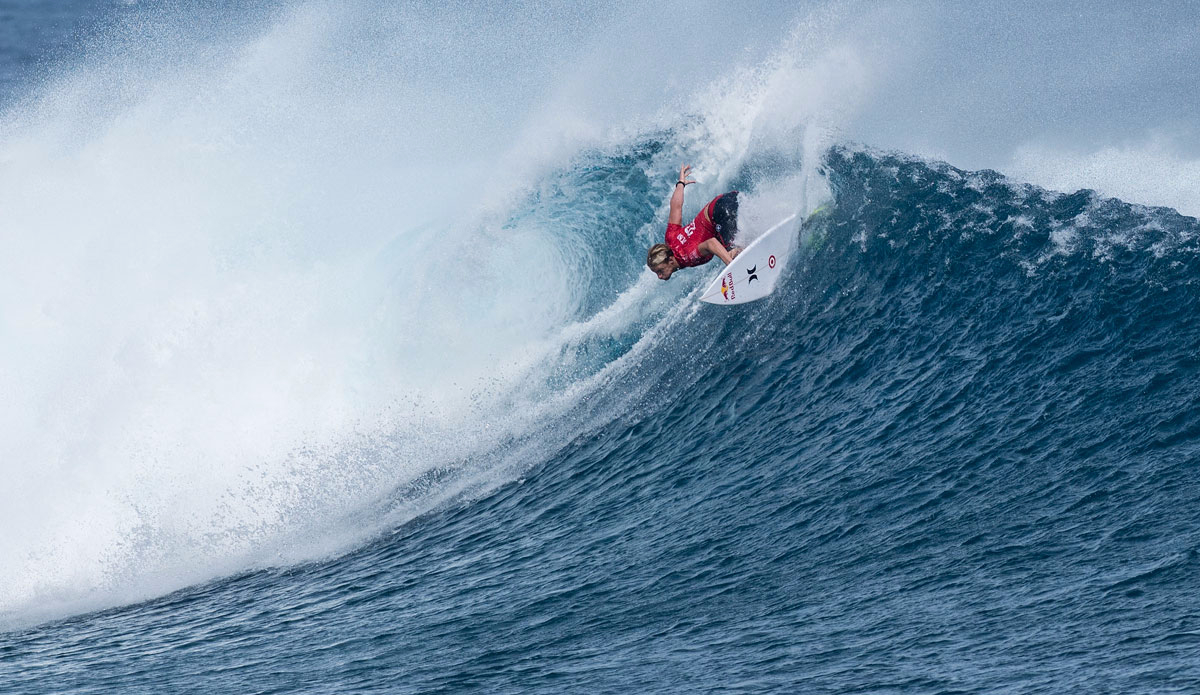 Kolohe Andino of the USA scores a 9.2 with a series of superb powerful on face moves to advance to Round 3 at the Fiji Pro. Photo: <a href=\"http://www.worldsurfleague.com/\">WSL/Robertson</a>