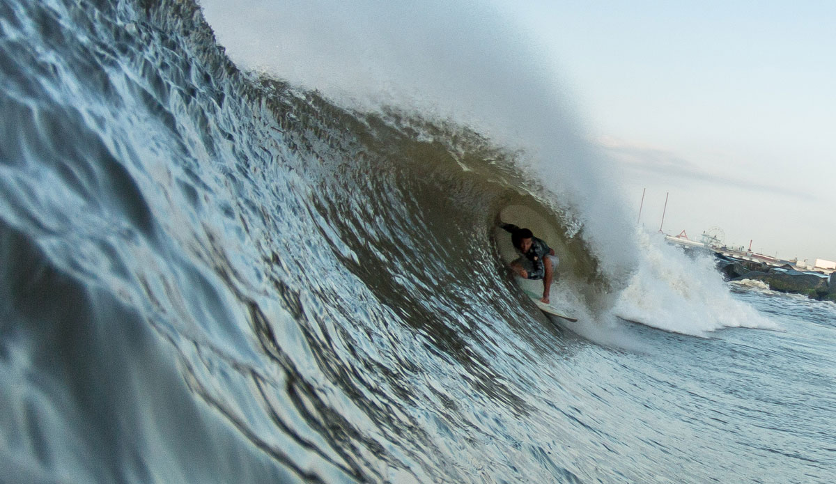 This was Cristobal the next day. I headed up to AC and it was going off! This is my boy Ken Shiles tucked in nice on a deep one. I remember swimming out and I said to myself \"is this summer or am I dreaming? It seams like a winter swell but the water is warm and I\'m in board shorts? Photo: <a href=\"http://chank-photography.tumblr.com/\"> Matt Ciancaglini</a>