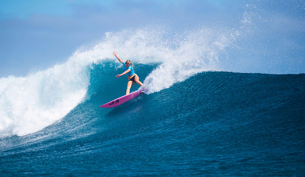 Bianca Buitendag of Victoria Bay, South Africa (pictured) posting one of the highest wave scores of the day, a near perfect 9.43 (out of ten) winning her Round 1 heat at the Womens Fiji Pro in Fiji on Monday June 1, 2015. Photo: <a href=\"http://www.worldsurfleague.com/\">World Surf League</a>