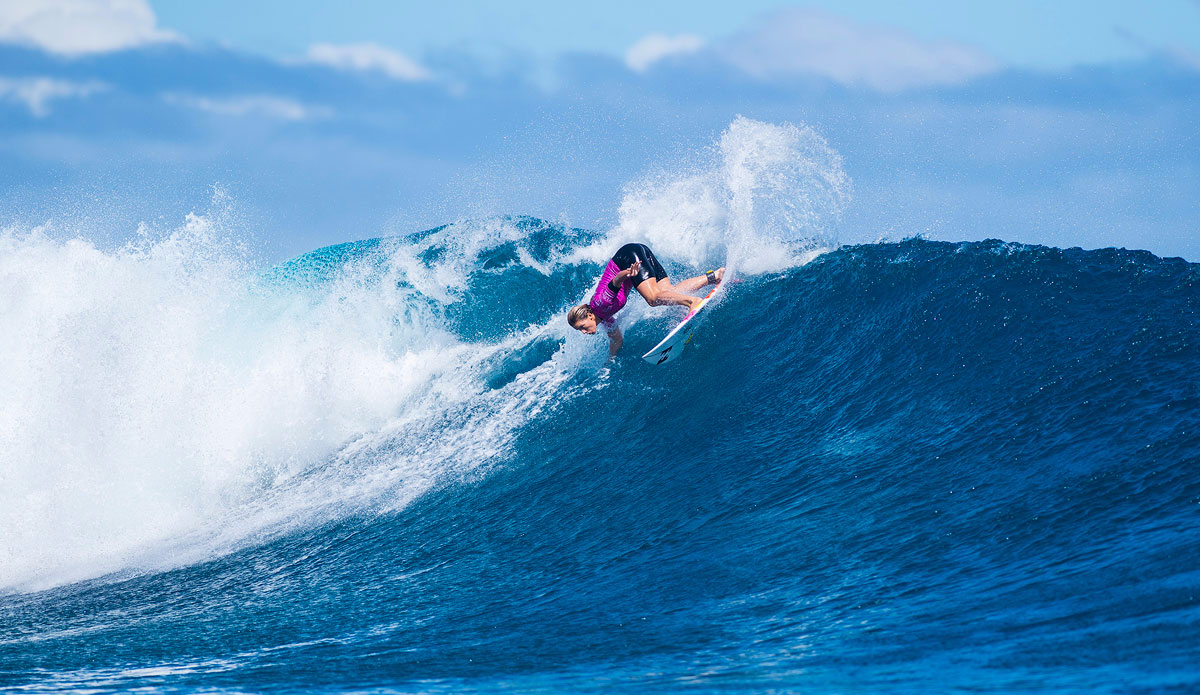  Courtney Conlogue of Santa Ana, California, USA (pictured) winning her her Round 1 heat at the Womens Fiji Pro in Fiji on Monday June 1, 2015. Photo: <a href=\"http://www.worldsurfleague.com/\">World Surf League</a>