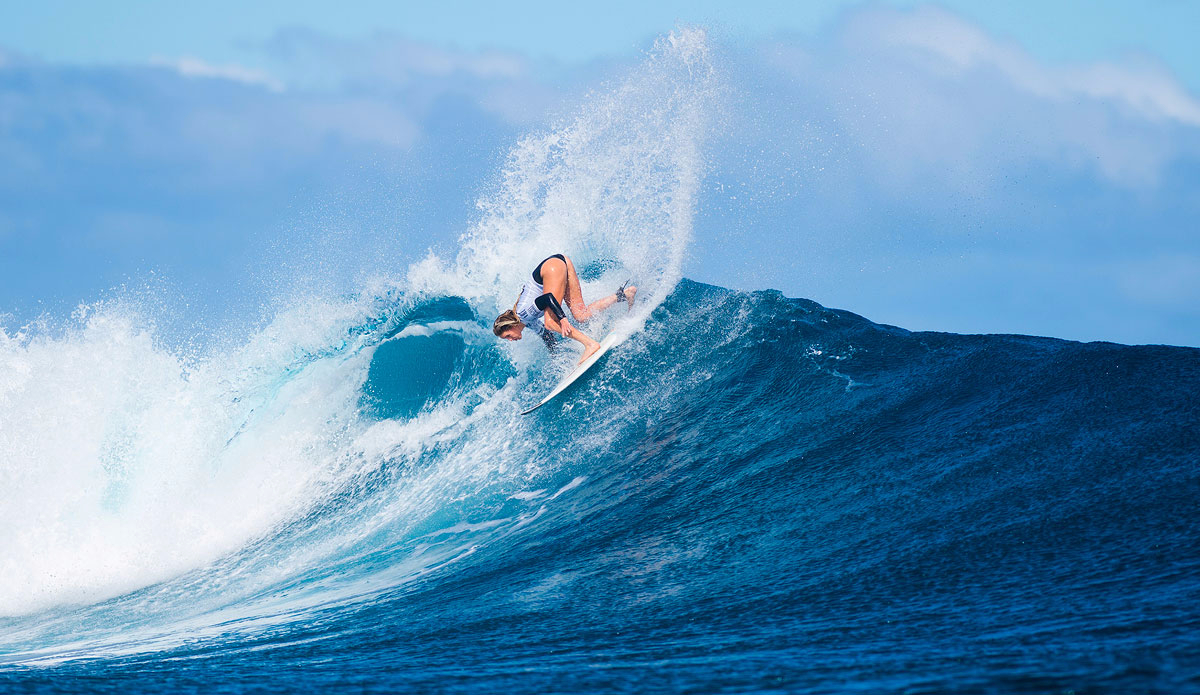 Laura Enever of North Narrabeen, Sydney (pictured) posting one of the highest wave scores of the day, a near perfect 9.43 (out of ten) winning her Round 1 heat at the Womens Fiji Pro in Fiji on Monday June 1, 2015. Photo: <a href=\"http://www.worldsurfleague.com/\">World Surf League</a>