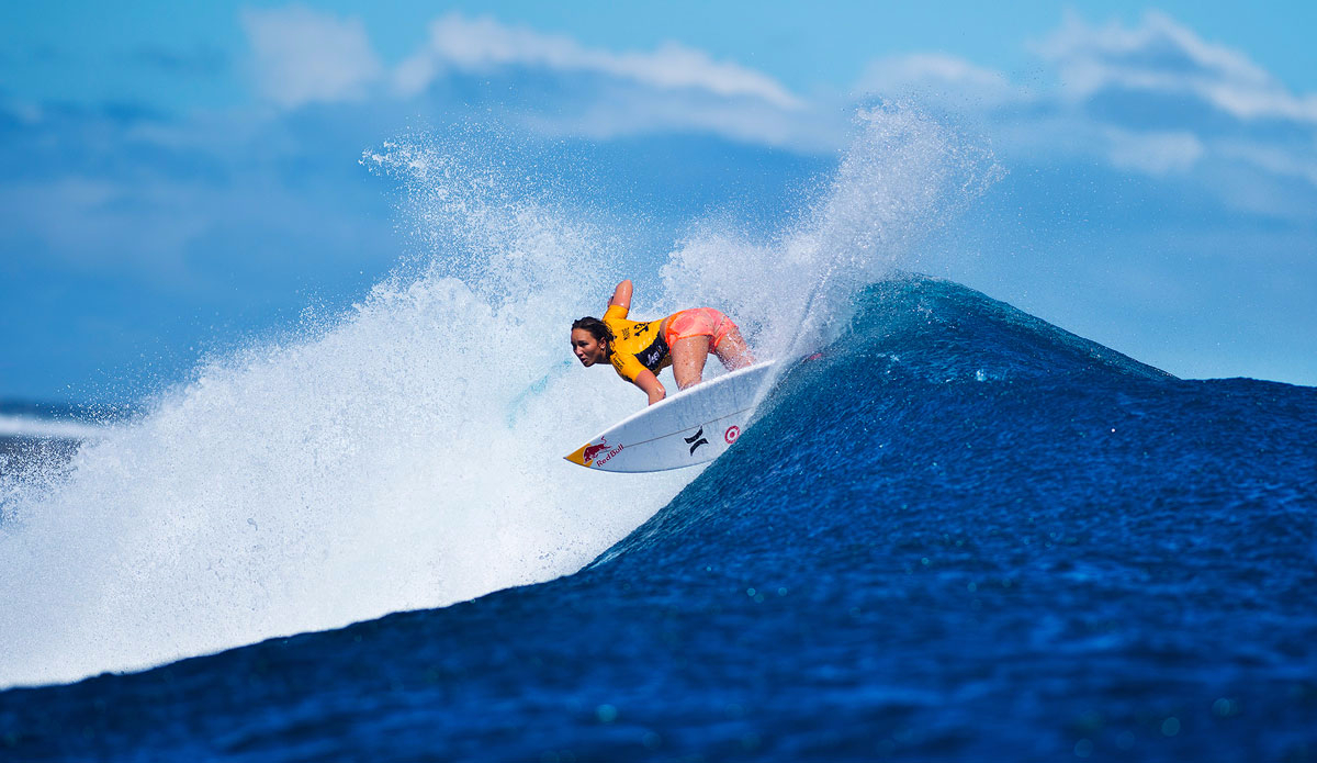 Carissa Moore of Hawaii (pictured) winning her Round 1 heat at the WOmens Fiji Pro in Fiji on Monday June 1, 2015. Photo: <a href=\"http://www.worldsurfleague.com/\">World Surf League</a>