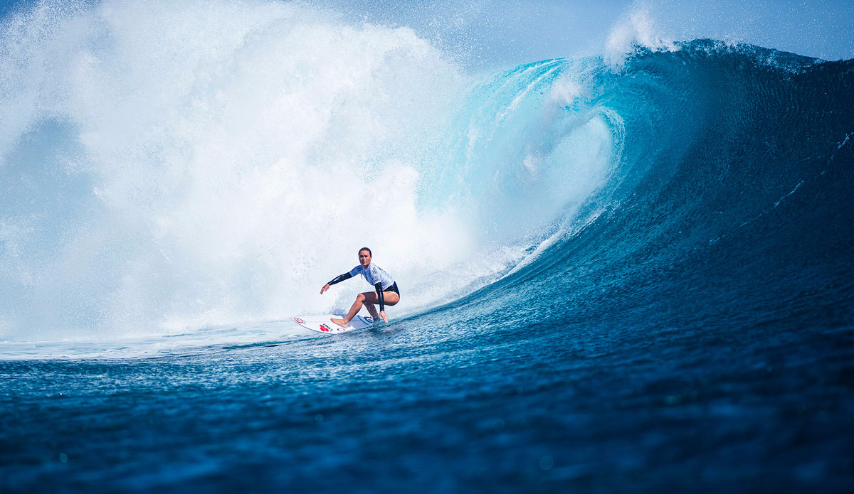 Nikki Van Dijk of Phillip Island, Victoria, Austraia (pictured) during  Round 1 heat at the Womens Fiji Pro in Fiji on Monday June 1, 2015. Photo: <a href=\"http://www.worldsurfleague.com/\">World Surf League</a>