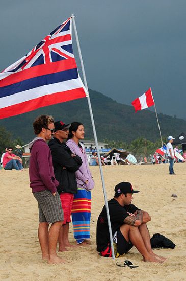 Sunny Garcia and some of Team Hawaii watch the action unfold at the ISA China Cup. Photo: ISA/Tweddle