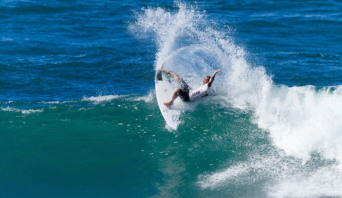 Raoni Monteiro placing equal fifth, reaching the Semifinals of the Reef Hawaiian Pro on Saturday November 15, 2014. Monteiro earns 3500 ratings points and $7500. Photo: <a href=\"http://www.aspworldtour.com/\">ASP</a>/Cestari