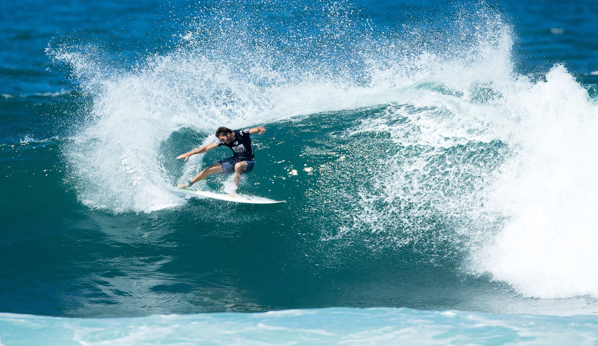 Frederico Morais reaching the Semifinals, placing equal 5th at the Reef Hawaiian Pro on Saturday November 15, 2014. Morais was narrowly defeated by World Championship Tour athletes Adam Melling (AUS) and Jeremy Flores (FRA) who advanced into the Final. Photo: <a href=\"http://www.aspworldtour.com/\">ASP</a>/Sloane