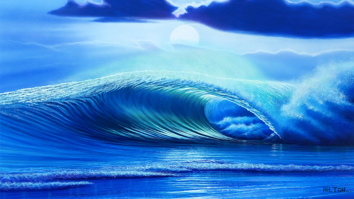 \'Blue nights\'. Sometimes I take my family to watch the moonrise at Laie Point and the inspiration for Blue Nights came from those moments. This image is also on skateboards made by a company called EverSesh in Huntington Beach, CA.