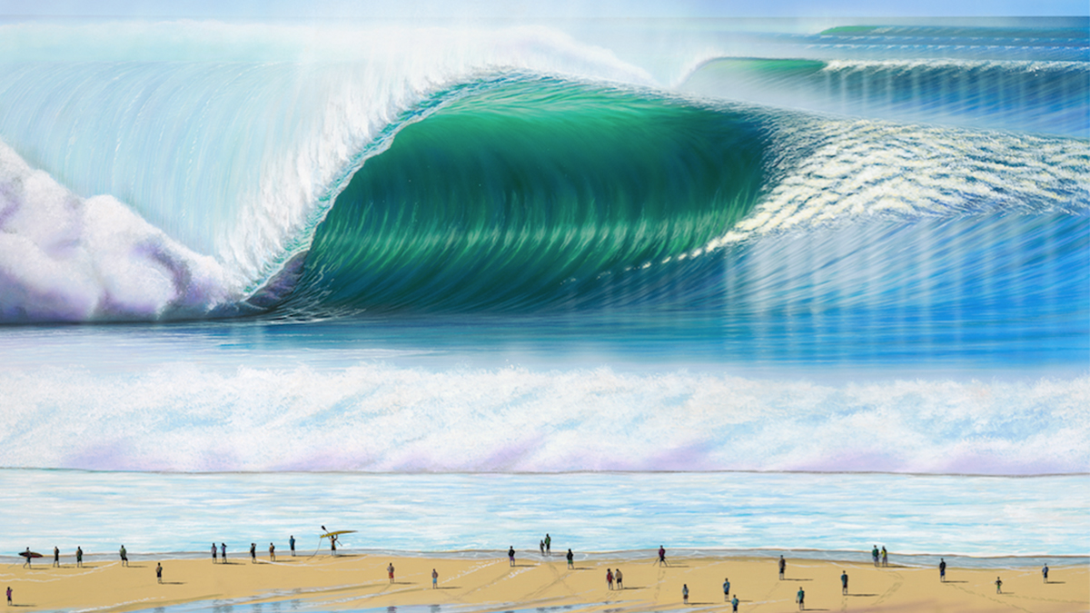 \'Epic\'. My favorite wave to paint is Pipeline and here\'s a surreal version of that magical place. There\'s also hidden words on this painting.