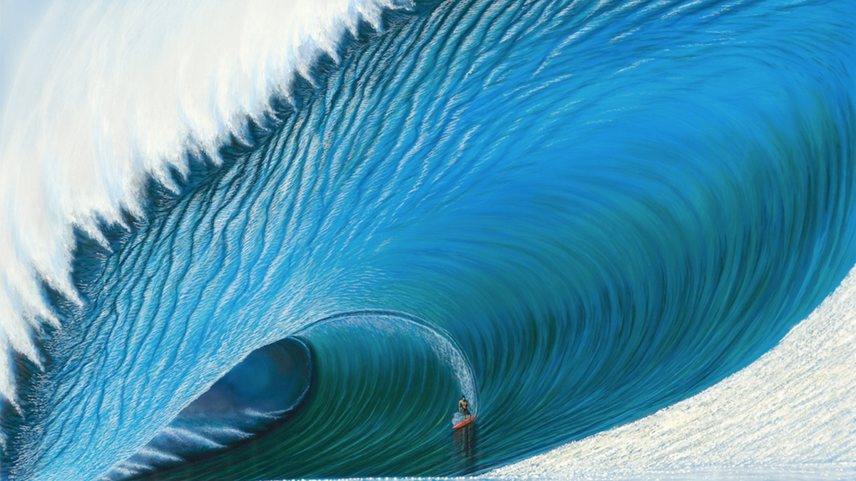 \'Monster pipeline\'. Here is another surreal version of Pipeline. Some people like to call this painting Teahupo\'o but it\'s actually Pipe. I\'m working on a new one, a surreal Teahupo\'o.