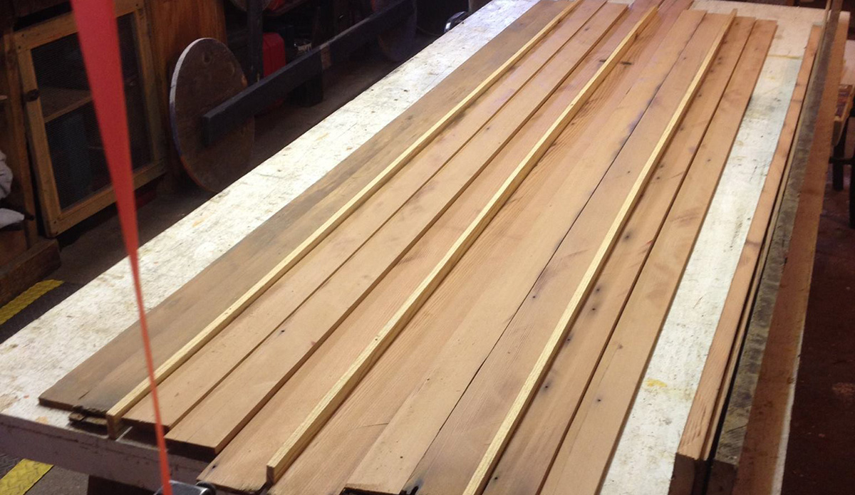 Once clean, planks were re-sawn on a table saw to get about 2 inch wide strips, then re-sawn again so that they were about a quarter inch thick.