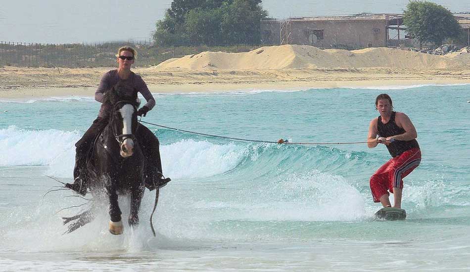 Horse surfing training--Zana and Dan near Dubai. Photo: British Horseboarding Association