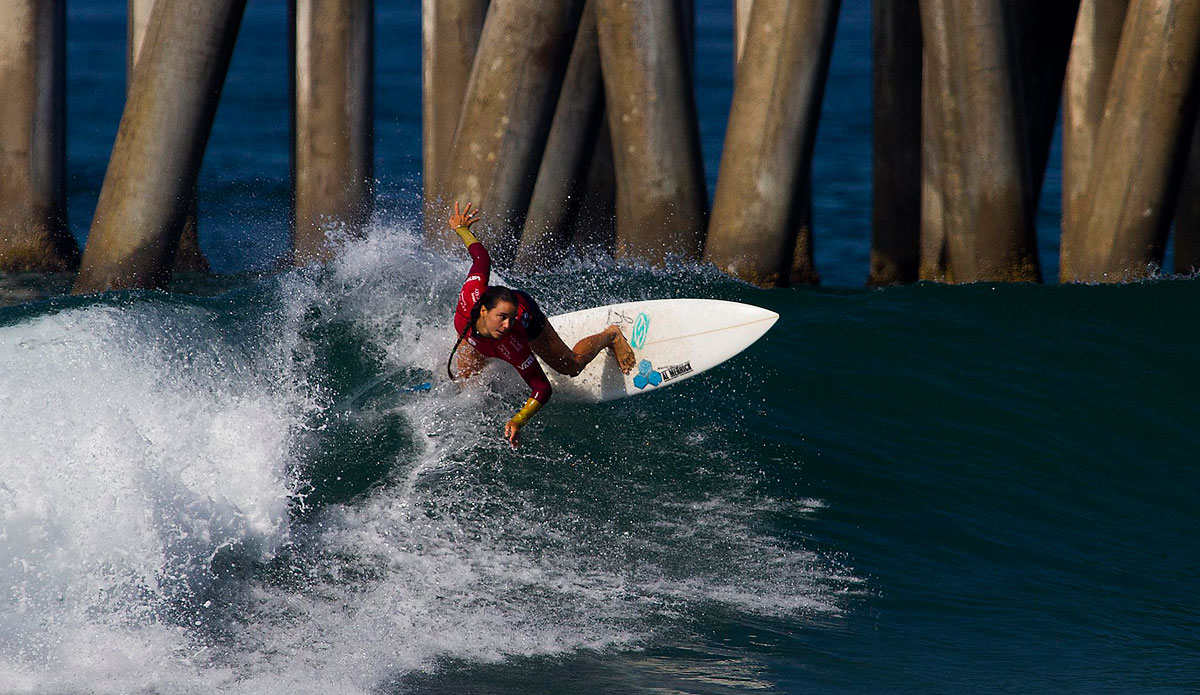 Johanne Defay of Reunion Island (pictured) won her Round 4 heat at the Vans US Open of Surfing advancing into the Quarterfinals on Thursday July 31, 2014. Defay will take on Australian Sally Fitzgibbons in the Quarterfinals. Photo: ASP/ Morris