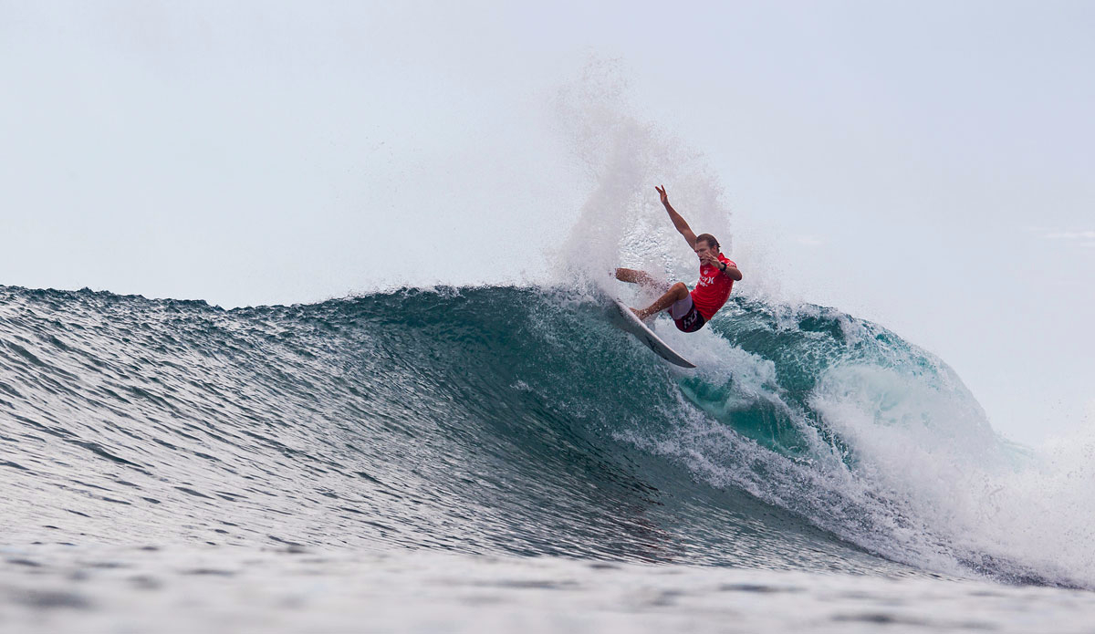 Bede Durbidge (AUS) placed first in his round 2 heat and advanced into round 3.  Photo: <a href=\"http://www.worldsurfleague.com/\">WSL/<a href=\"https://instagram.com/nomadshotelsc/\"</a>/Rowland</a>