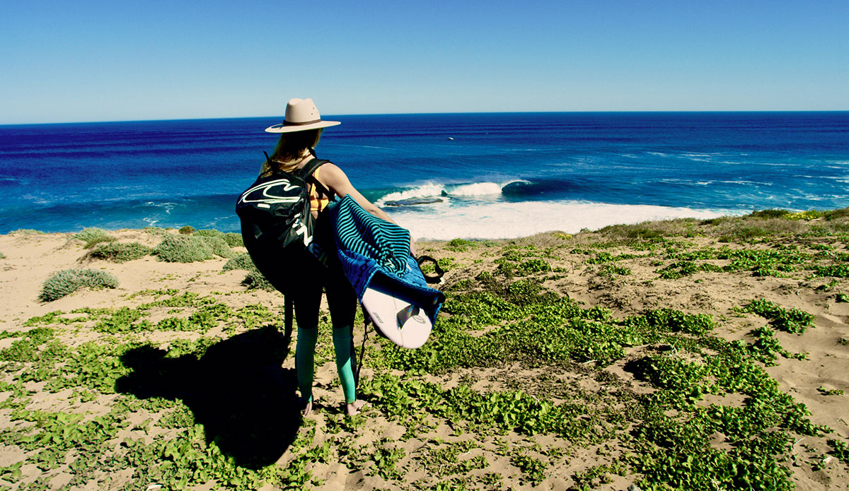 Imogen and Australia’s answer to Teahupo’o. Trekking hours through the desert amongst countless snakes, emu and kangaroos, we arrived to watch endless waves reel off this reef, with not a soul in sight. Photo: <a href=\"http://www.morganmaassen.com/\">Morgan Maassen</a>