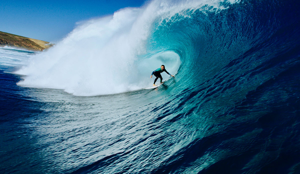 One of many waves Imogen claimed on a perfect day of surfing. Watching Imogen effortlessly stroke into barrel after barrel was one of the highlights of year, let alone the incredible challenge I had swimming amongst the massive waves with my waterhousing.  Photo: <a href=\"http://www.morganmaassen.com/\">Morgan Maassen</a>