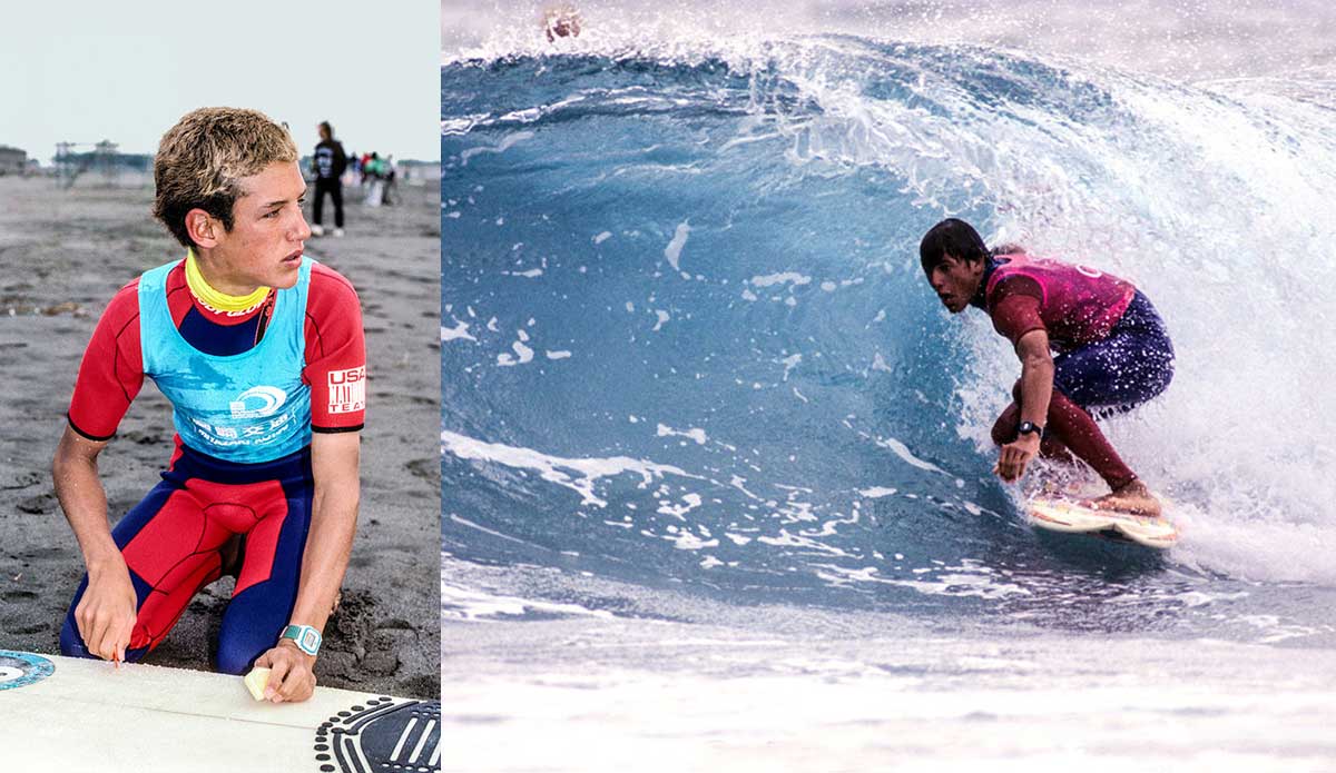 In its 50-year history the ISA has been instrumental in ushering in progressive young talent. In ‘90 the New School crew, including Kelly Slater (right), Taylor Knox, Rob Machado (left), Pat O’Connell and Shane Dorian, all landed in Japan for what O’Connell remembers as “the best trip ever.” Slater did not make the finals of the event. The ISA title is still one of the only trophies that’s eluded him throughout his distinguished career. Photo: <a href=\"http://www.isasurf.org/\">John Seaton Callahan</a>