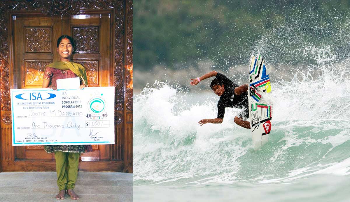 Since 2007, the ISA has awarded 192 scholarships worth $172,500 to aspiring under 18 year old surfers. This year, the organization will award 25 $1,000 and 50 $500 scholarships. India’s Jyothi M. Bangera (left) has only been surfing since January of 2012, but is quickly catching on and helping grow the sport at home, while Juninho Urcia (right) hails from the small fishing village of Huanchaco, Peru, and in 2007, at age 11, he became the recipient of an ISA Scholarship. Remaining an ISA Scholarship recipient for five consecutive years, in 2011 he became the youngest-ever Peruvian Open Men’s National Champion. Photo courtesy of <a href=\"http://www.isasurf.org/\">ISA Archive</a>